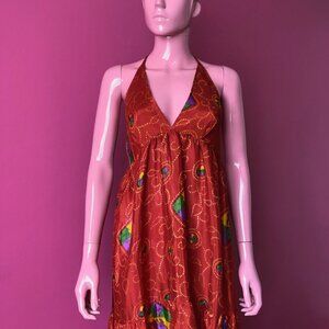 Halter Sun Dress 100% Silk Satin Red Maxi Tiered Semi-Sheer Swirl Abstract Print